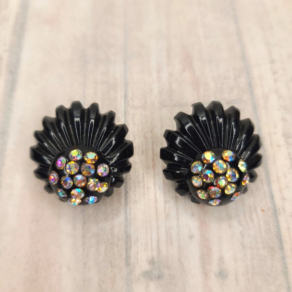 Black Lucite Carved Earrings with AB Crystals. Vintage Pinup Retro Goth